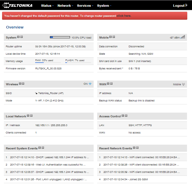 Обзорная информация с маршрутизатора TELTONIKA